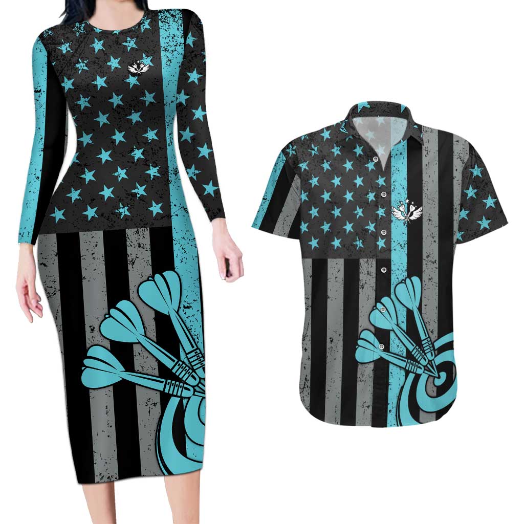Custom Turquoise US Patriotic Darts Couples Matching Long Sleeve Bodycon Dress and Hawaiian Shirt Blue American Flag Pattern - Grunge Paint Splatter - Wonder Print Shop