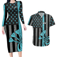 Custom Turquoise US Patriotic Darts Couples Matching Long Sleeve Bodycon Dress and Hawaiian Shirt Blue American Flag Pattern - Grunge Paint Splatter - Wonder Print Shop