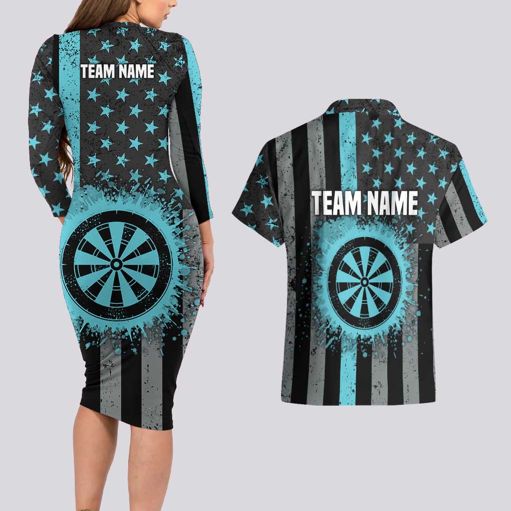 Custom Turquoise US Patriotic Darts Couples Matching Long Sleeve Bodycon Dress and Hawaiian Shirt Blue American Flag Pattern - Grunge Paint Splatter - Wonder Print Shop
