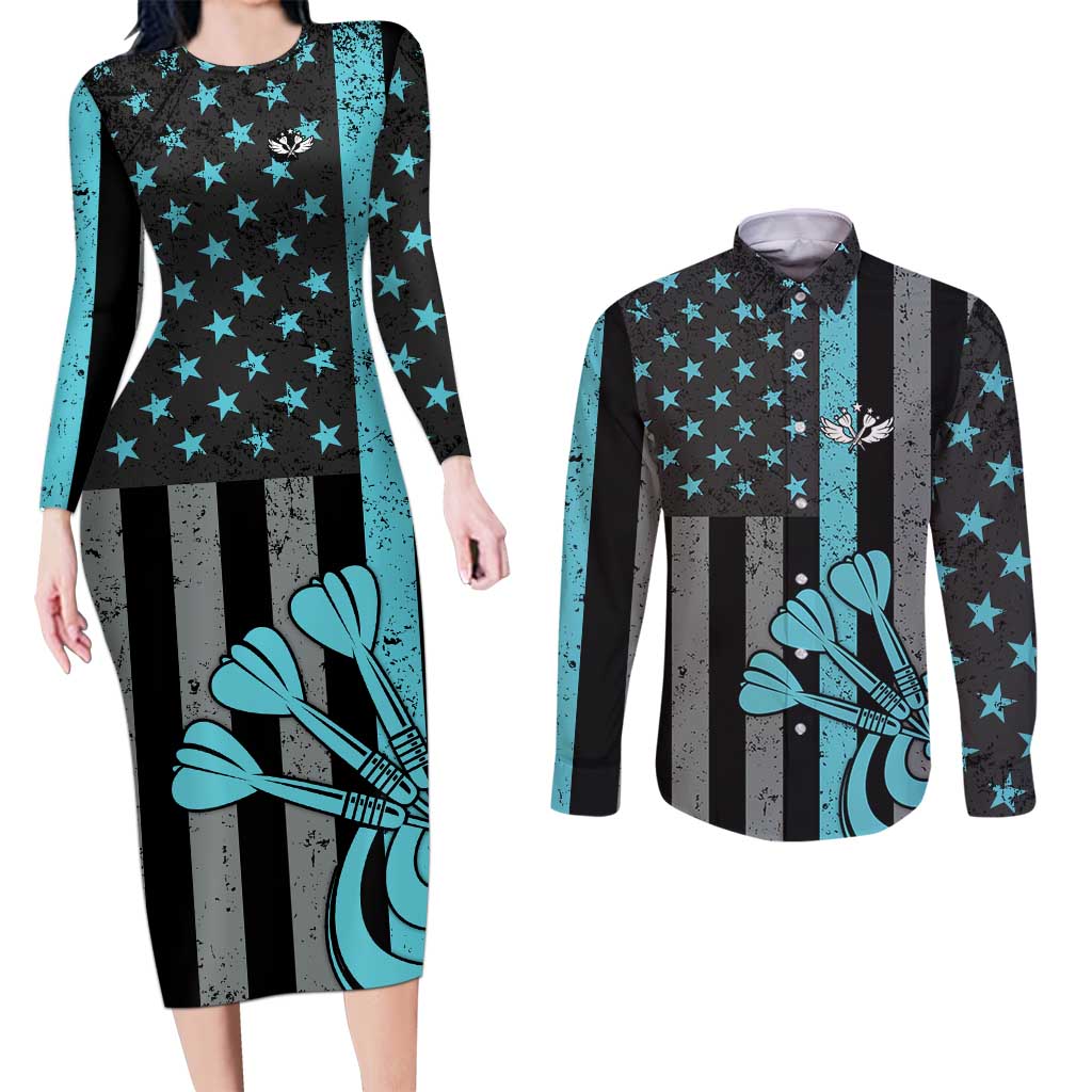 Custom Turquoise US Patriotic Darts Couples Matching Long Sleeve Bodycon Dress and Long Sleeve Button Shirt Blue American Flag Pattern - Grunge Paint Splatter - Wonder Print Shop
