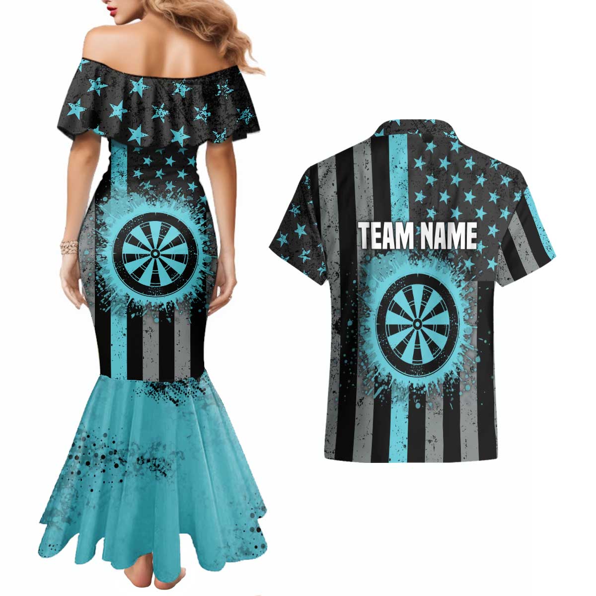 Custom Turquoise US Patriotic Darts Couples Matching Mermaid Dress and Hawaiian Shirt Blue American Flag Pattern - Grunge Paint Splatter - Wonder Print Shop