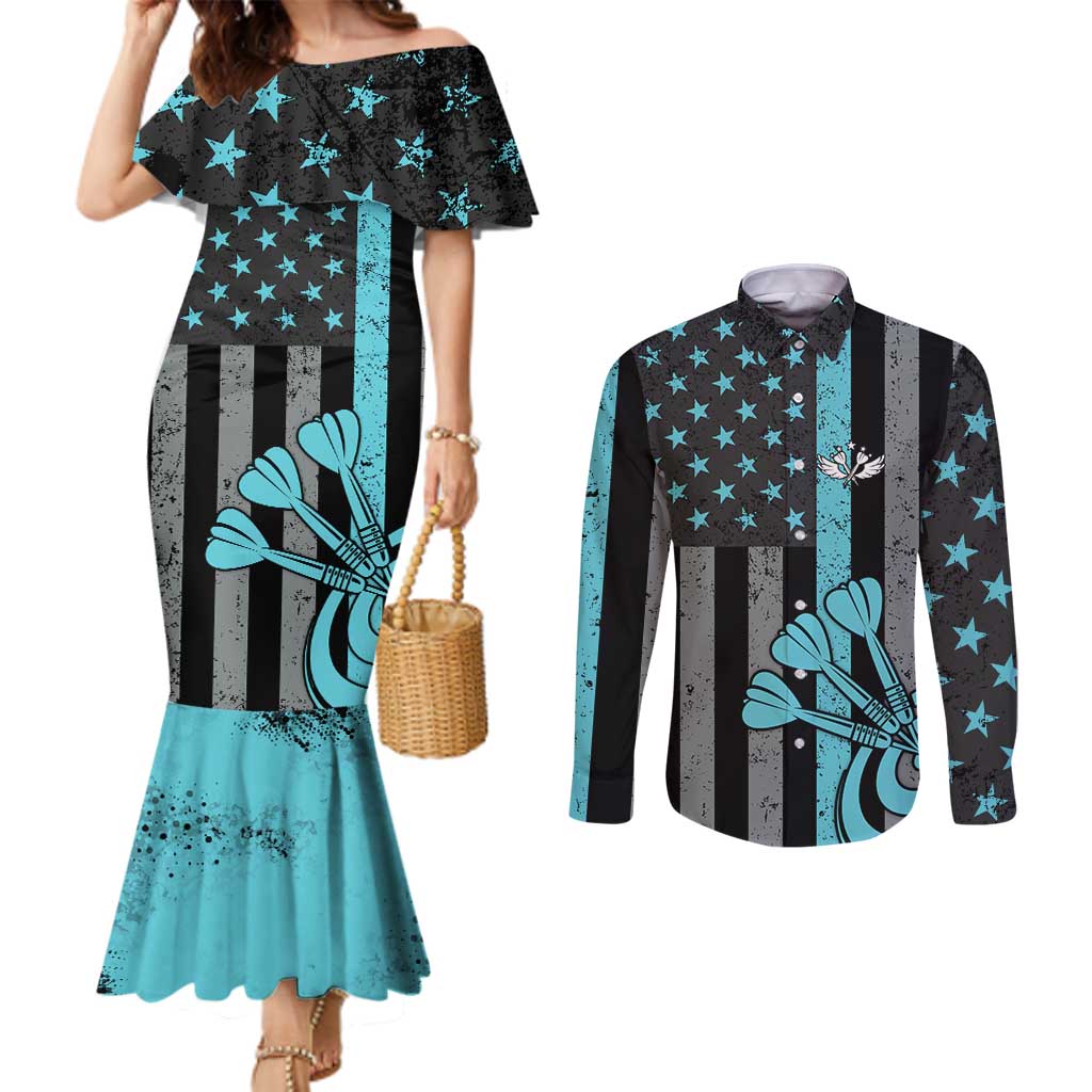 Custom Turquoise US Patriotic Darts Couples Matching Mermaid Dress and Long Sleeve Button Shirt Blue American Flag Pattern - Grunge Paint Splatter - Wonder Print Shop