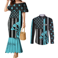 Custom Turquoise US Patriotic Darts Couples Matching Mermaid Dress and Long Sleeve Button Shirt Blue American Flag Pattern - Grunge Paint Splatter - Wonder Print Shop