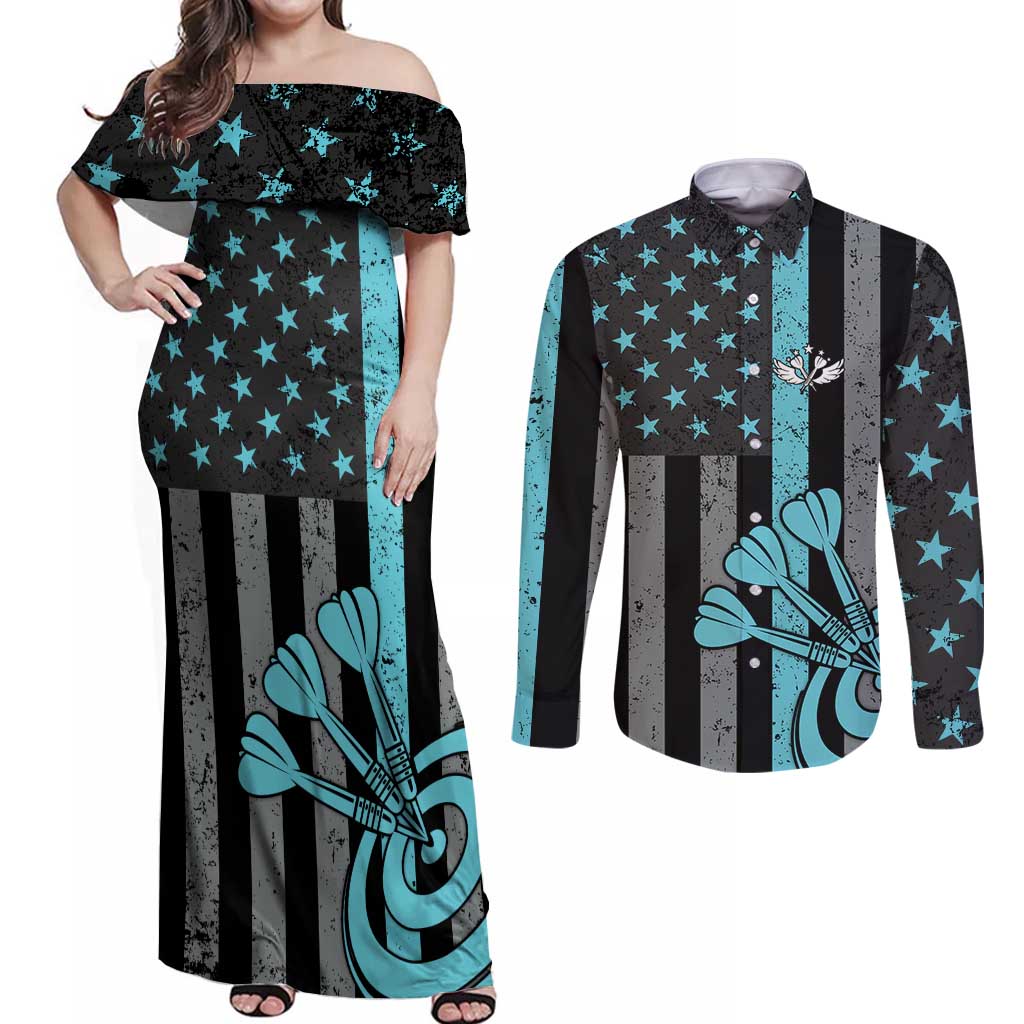 Custom Turquoise US Patriotic Darts Couples Matching Off Shoulder Maxi Dress and Long Sleeve Button Shirt Blue American Flag Pattern - Grunge Paint Splatter - Wonder Print Shop