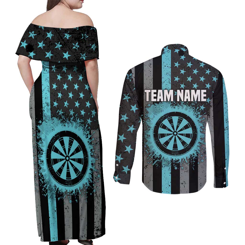 Custom Turquoise US Patriotic Darts Couples Matching Off Shoulder Maxi Dress and Long Sleeve Button Shirt Blue American Flag Pattern - Grunge Paint Splatter - Wonder Print Shop