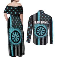 Custom Turquoise US Patriotic Darts Couples Matching Off Shoulder Maxi Dress and Long Sleeve Button Shirt Blue American Flag Pattern - Grunge Paint Splatter - Wonder Print Shop