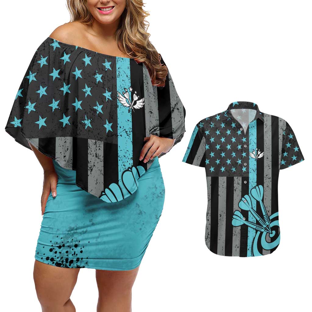 Custom Turquoise US Patriotic Darts Couples Matching Off Shoulder Short Dress and Hawaiian Shirt Blue American Flag Pattern - Grunge Paint Splatter - Wonder Print Shop