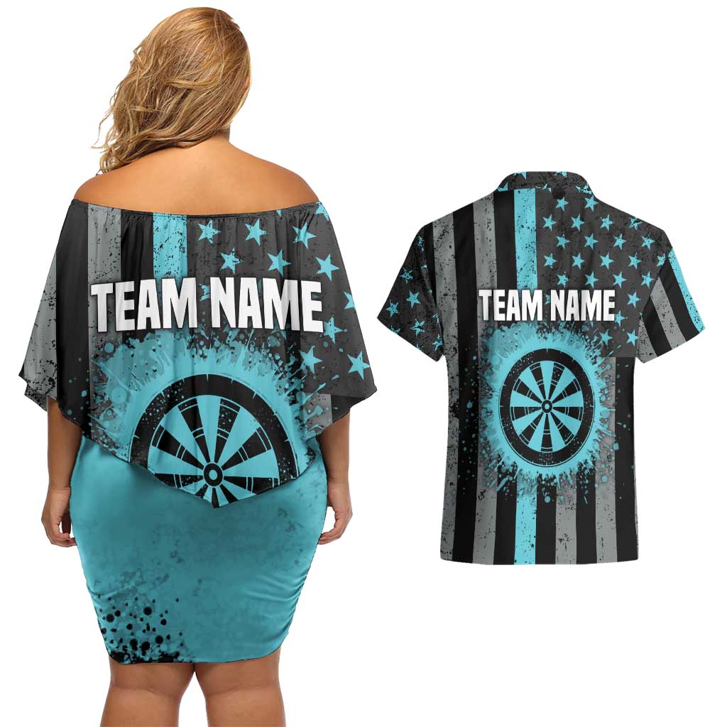 Custom Turquoise US Patriotic Darts Couples Matching Off Shoulder Short Dress and Hawaiian Shirt Blue American Flag Pattern - Grunge Paint Splatter - Wonder Print Shop