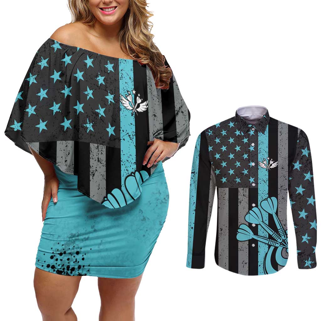 Custom Turquoise US Patriotic Darts Couples Matching Off Shoulder Short Dress and Long Sleeve Button Shirt Blue American Flag Pattern - Grunge Paint Splatter - Wonder Print Shop
