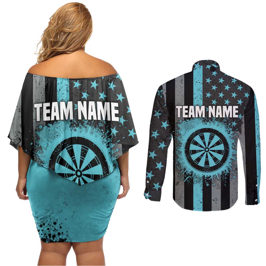 Custom Turquoise US Patriotic Darts Couples Matching Off Shoulder Short Dress and Long Sleeve Button Shirt Blue American Flag Pattern - Grunge Paint Splatter - Wonder Print Shop