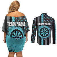 Custom Turquoise US Patriotic Darts Couples Matching Off Shoulder Short Dress and Long Sleeve Button Shirt Blue American Flag Pattern - Grunge Paint Splatter - Wonder Print Shop