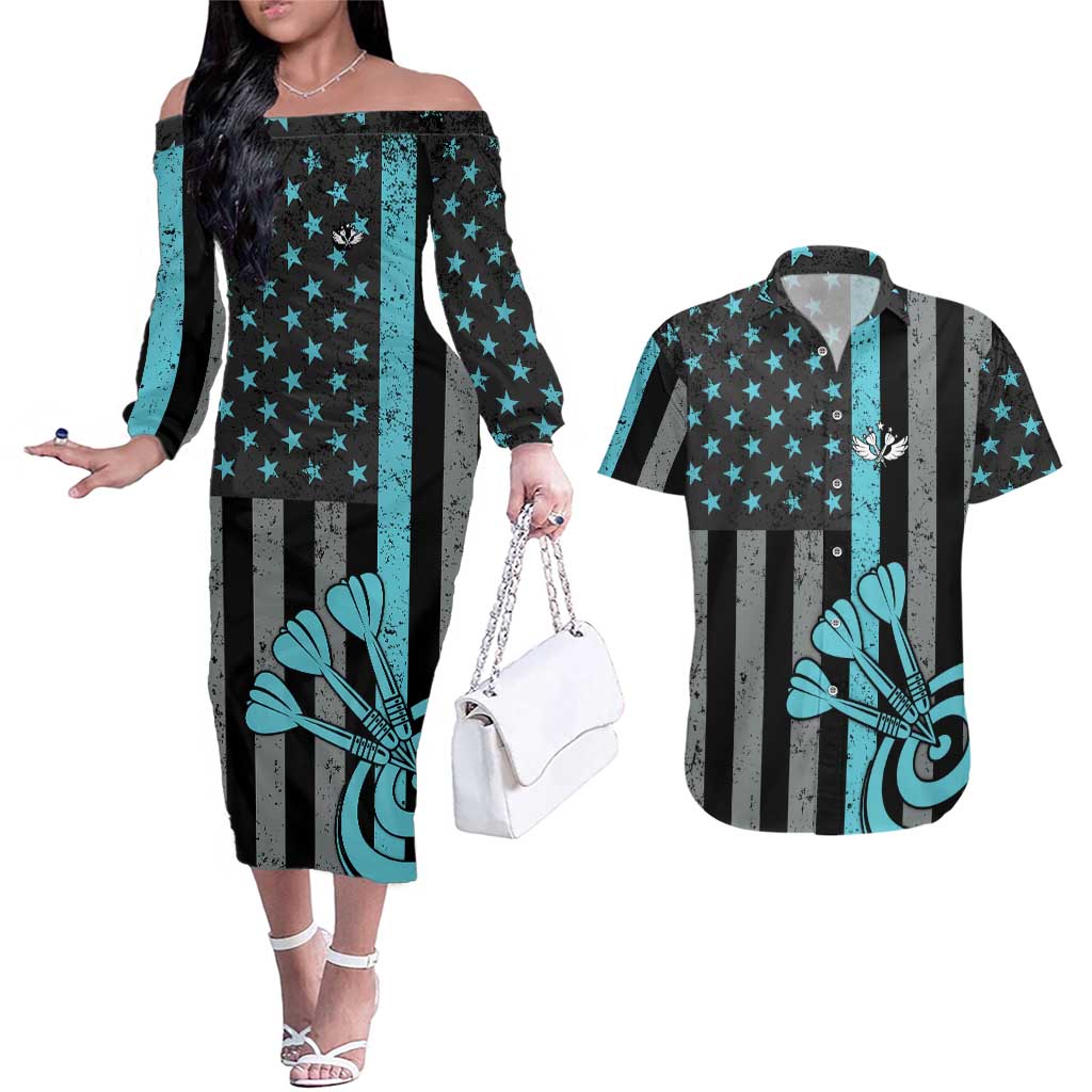Custom Turquoise US Patriotic Darts Couples Matching Off The Shoulder Long Sleeve Dress and Hawaiian Shirt Blue American Flag Pattern - Grunge Paint Splatter - Wonder Print Shop