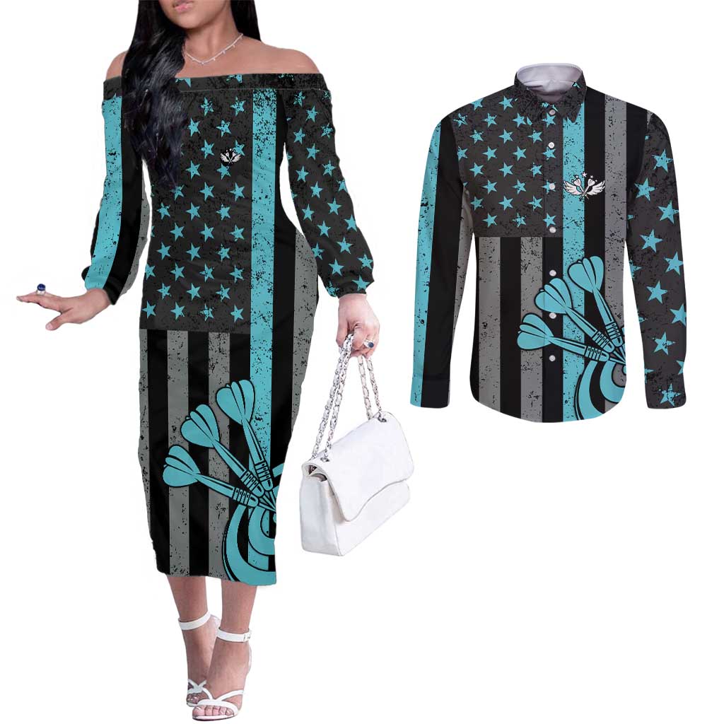 Custom Turquoise US Patriotic Darts Couples Matching Off The Shoulder Long Sleeve Dress and Long Sleeve Button Shirt Blue American Flag Pattern - Grunge Paint Splatter - Wonder Print Shop
