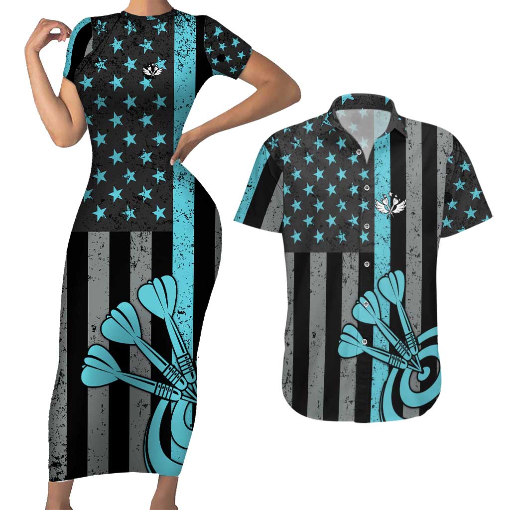 Custom Turquoise US Patriotic Darts Couples Matching Short Sleeve Bodycon Dress and Hawaiian Shirt Blue American Flag Pattern - Grunge Paint Splatter - Wonder Print Shop