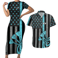 Custom Turquoise US Patriotic Darts Couples Matching Short Sleeve Bodycon Dress and Hawaiian Shirt Blue American Flag Pattern - Grunge Paint Splatter - Wonder Print Shop