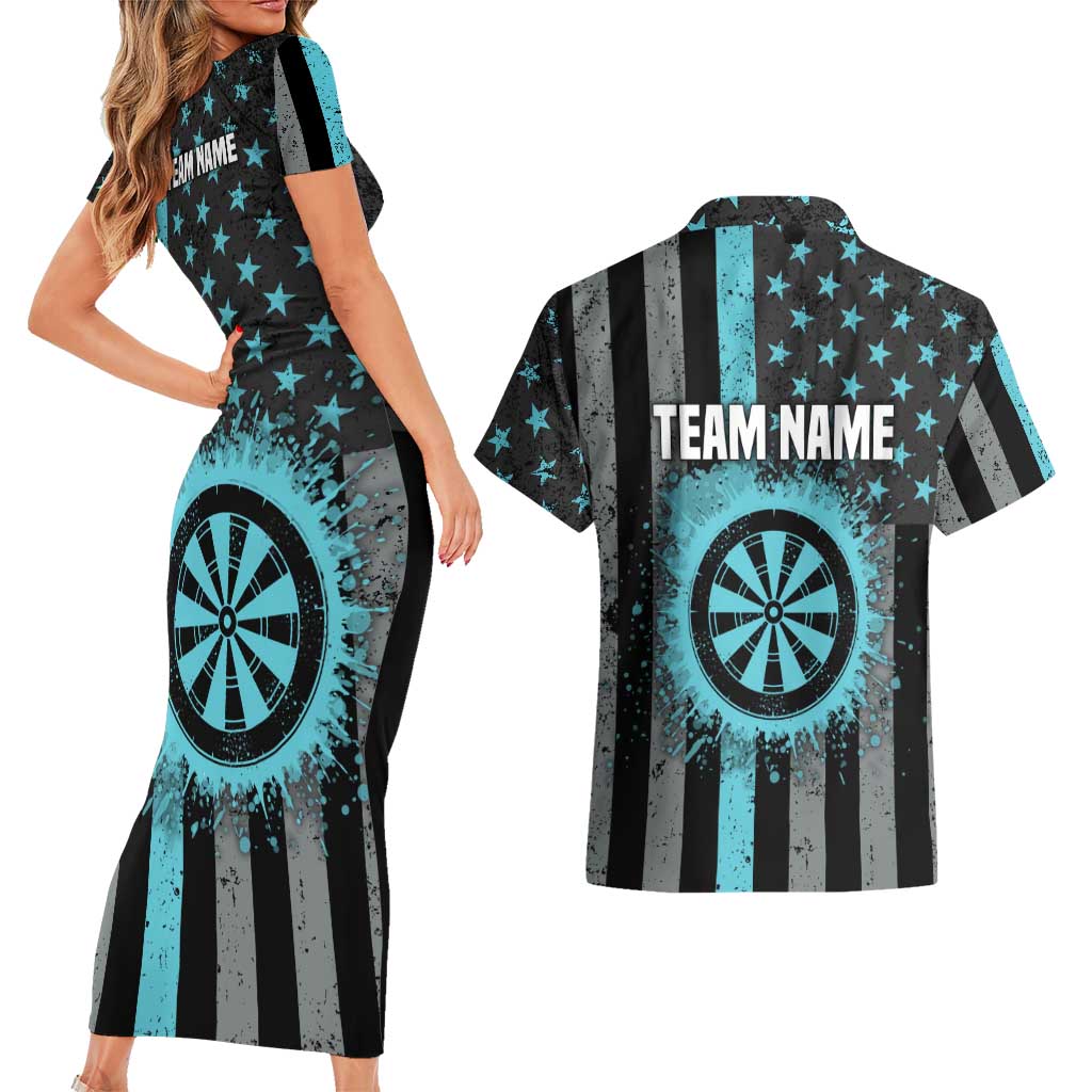 Custom Turquoise US Patriotic Darts Couples Matching Short Sleeve Bodycon Dress and Hawaiian Shirt Blue American Flag Pattern - Grunge Paint Splatter - Wonder Print Shop