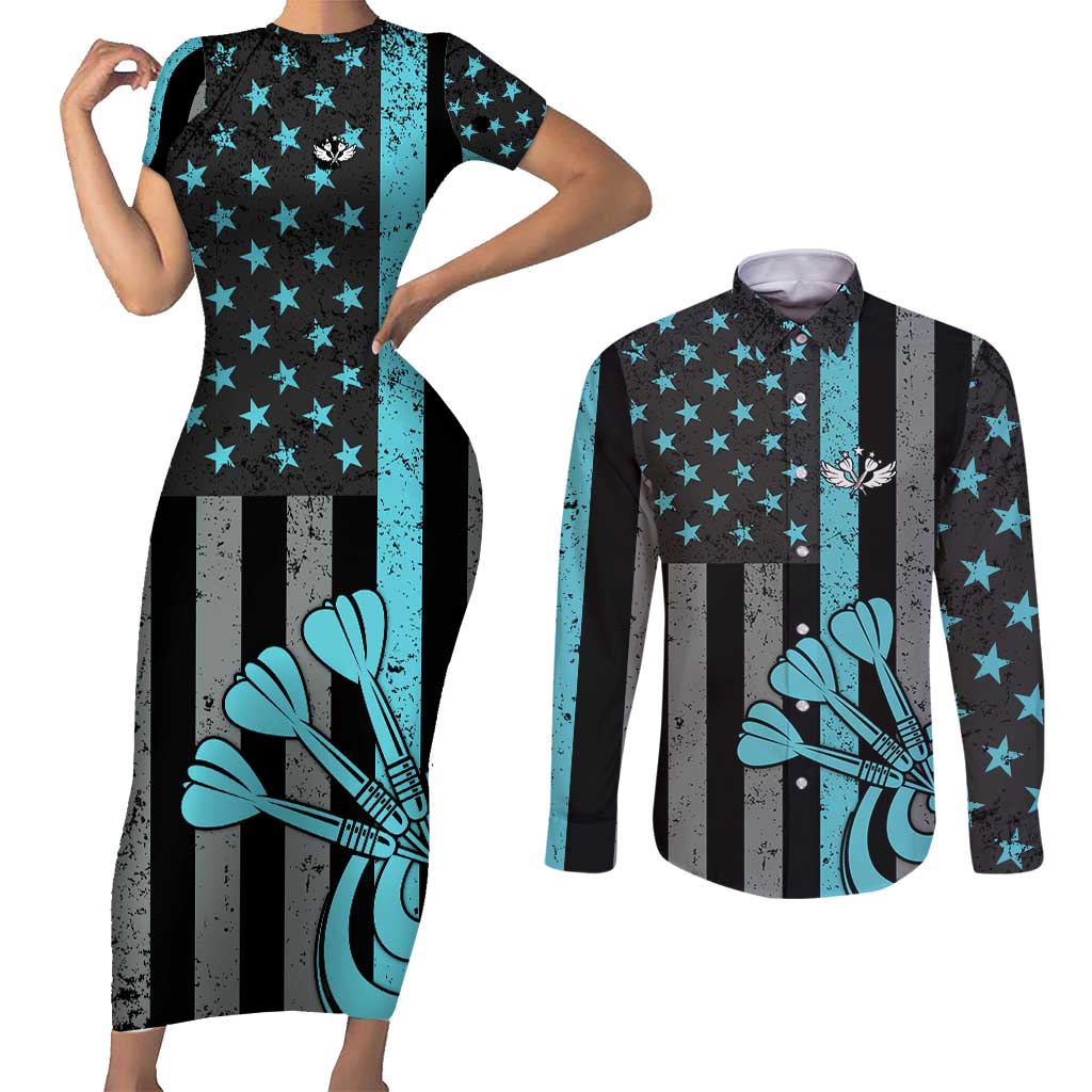 Custom Turquoise US Patriotic Darts Couples Matching Short Sleeve Bodycon Dress and Long Sleeve Button Shirt Blue American Flag Pattern - Grunge Paint Splatter - Wonder Print Shop
