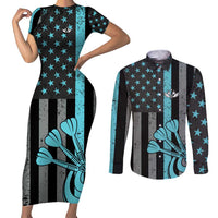 Custom Turquoise US Patriotic Darts Couples Matching Short Sleeve Bodycon Dress and Long Sleeve Button Shirt Blue American Flag Pattern - Grunge Paint Splatter - Wonder Print Shop