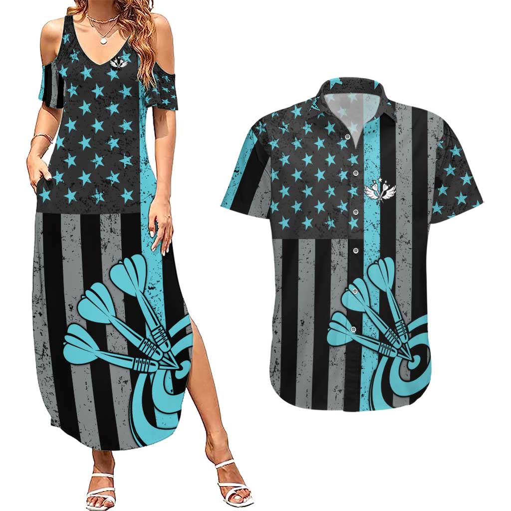 Custom Turquoise US Patriotic Darts Couples Matching Summer Maxi Dress and Hawaiian Shirt Blue American Flag Pattern - Grunge Paint Splatter - Wonder Print Shop