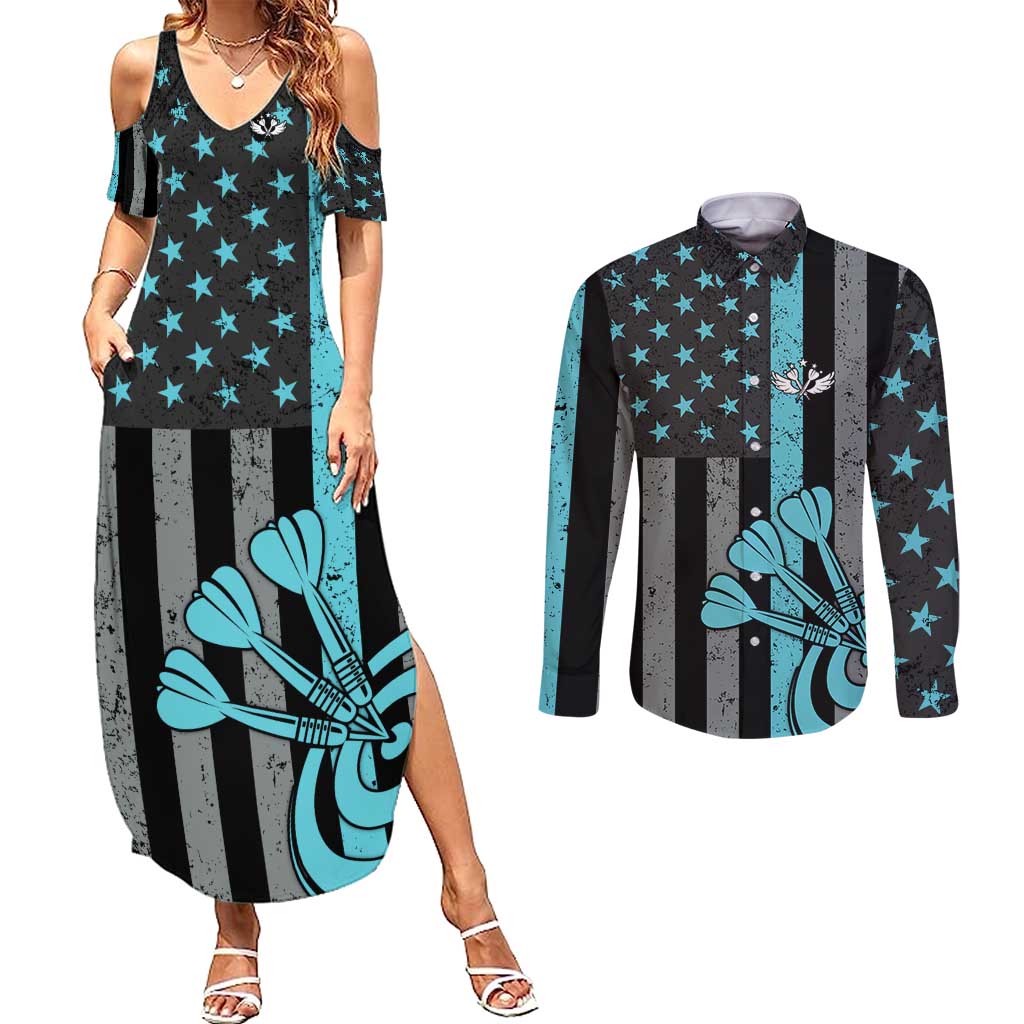 Custom Turquoise US Patriotic Darts Couples Matching Summer Maxi Dress and Long Sleeve Button Shirt Blue American Flag Pattern - Grunge Paint Splatter - Wonder Print Shop