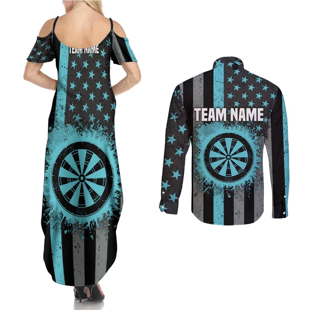 Custom Turquoise US Patriotic Darts Couples Matching Summer Maxi Dress and Long Sleeve Button Shirt Blue American Flag Pattern - Grunge Paint Splatter - Wonder Print Shop