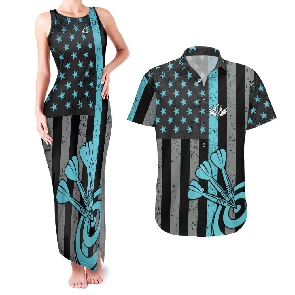 Custom Turquoise US Patriotic Darts Couples Matching Tank Maxi Dress and Hawaiian Shirt Blue American Flag Pattern - Grunge Paint Splatter - Wonder Print Shop