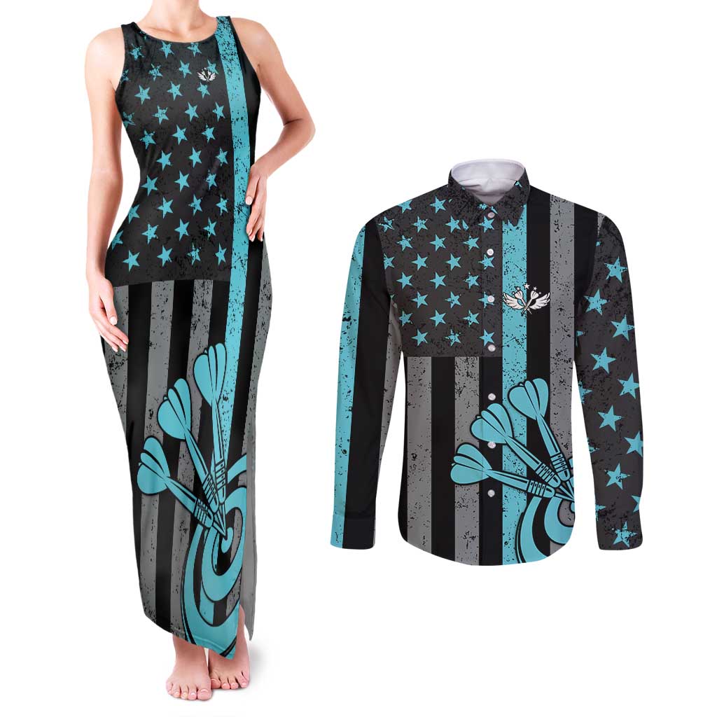 Custom Turquoise US Patriotic Darts Couples Matching Tank Maxi Dress and Long Sleeve Button Shirt Blue American Flag Pattern - Grunge Paint Splatter - Wonder Print Shop