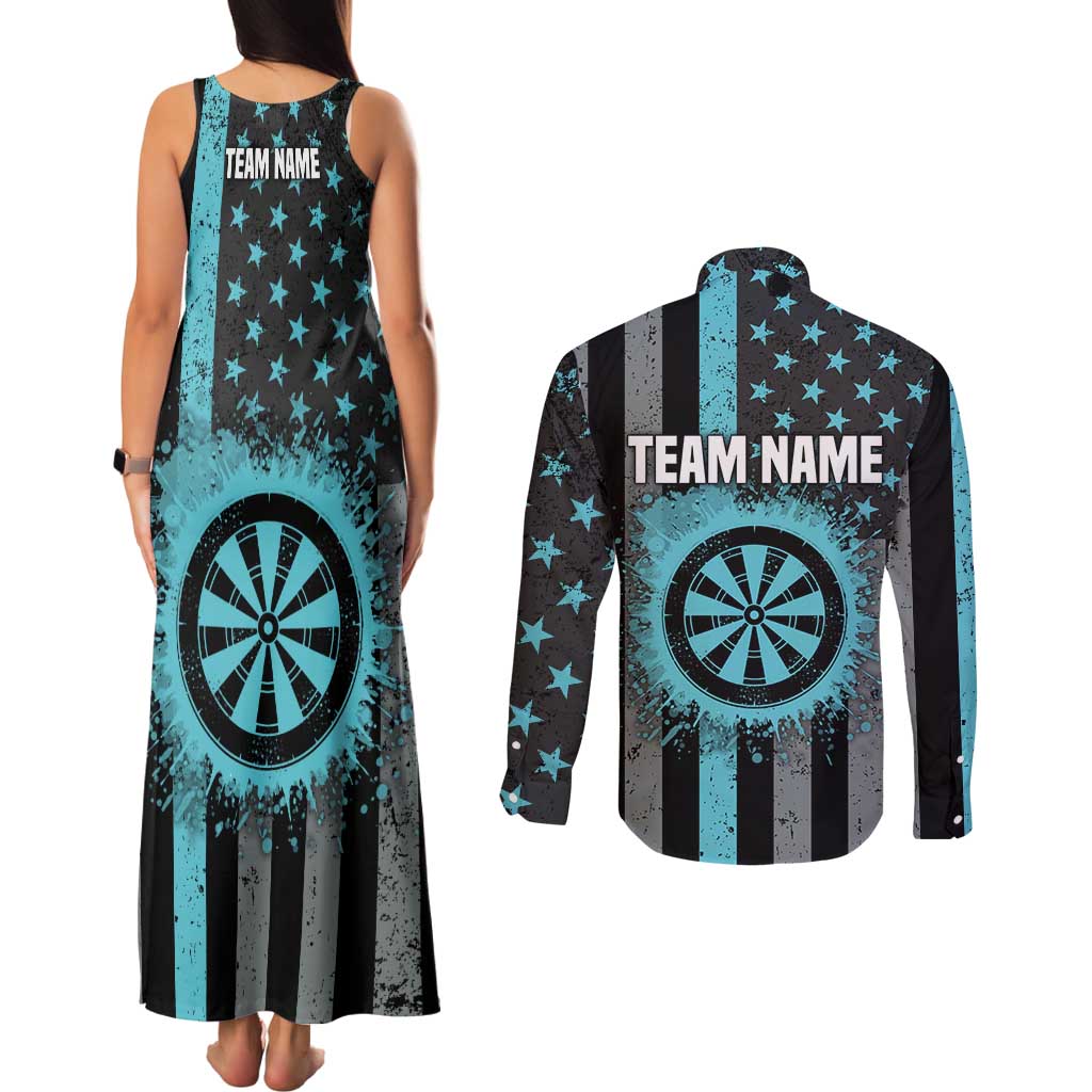 Custom Turquoise US Patriotic Darts Couples Matching Tank Maxi Dress and Long Sleeve Button Shirt Blue American Flag Pattern - Grunge Paint Splatter - Wonder Print Shop
