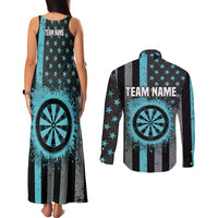 Custom Turquoise US Patriotic Darts Couples Matching Tank Maxi Dress and Long Sleeve Button Shirt Blue American Flag Pattern - Grunge Paint Splatter - Wonder Print Shop
