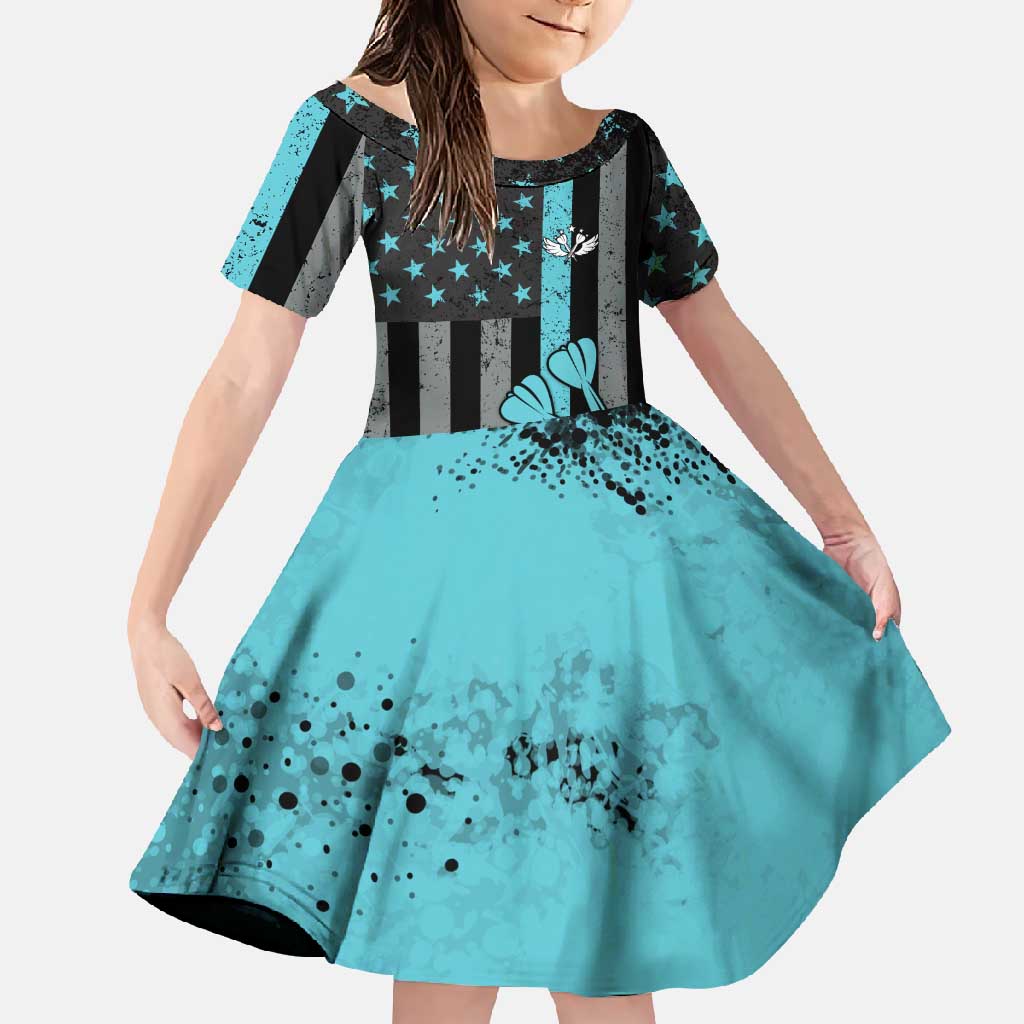 Custom Turquoise US Patriotic Darts Family Matching Long Sleeve Bodycon Dress and Hawaiian Shirt Blue American Flag Pattern - Grunge Paint Splatter - Wonder Print Shop