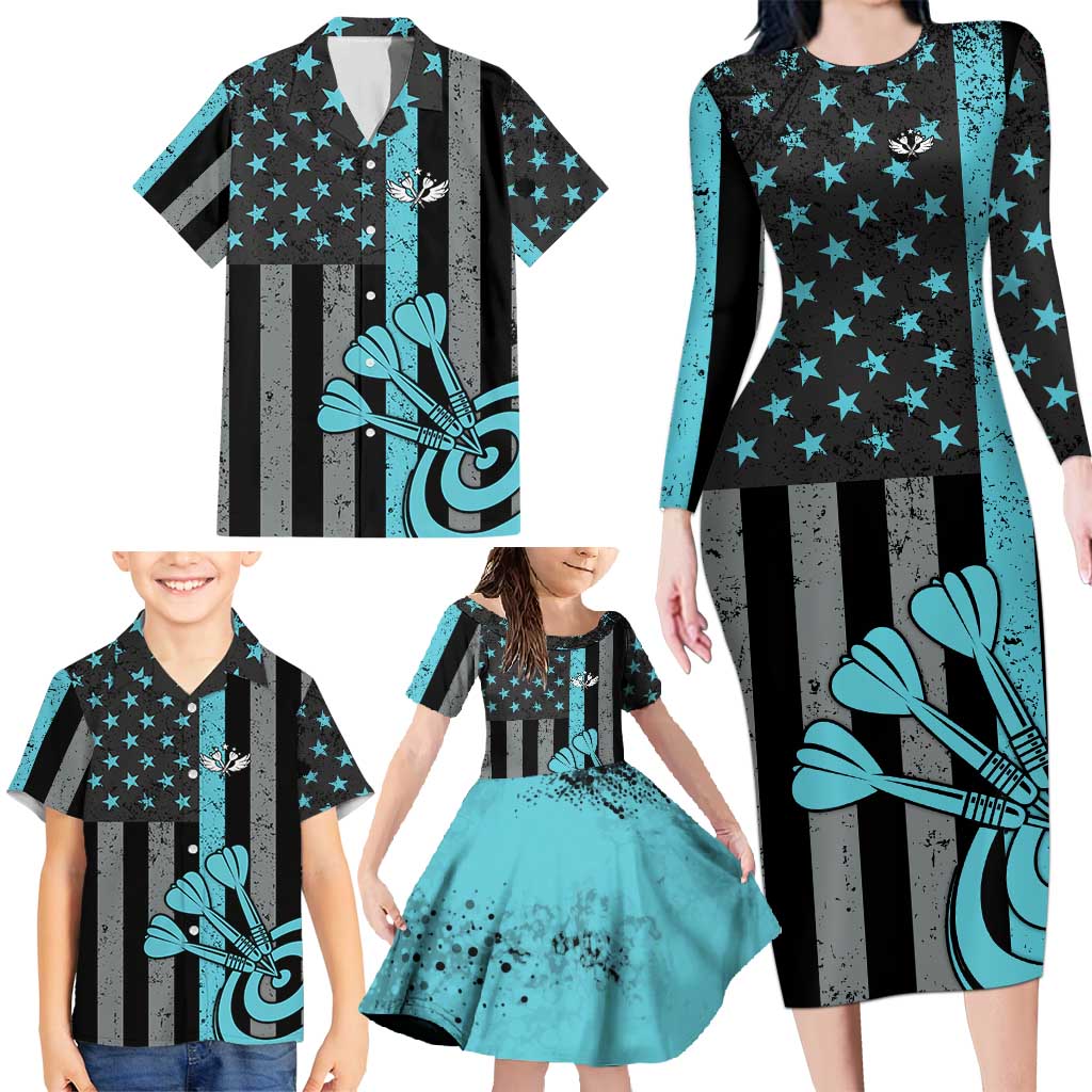 Custom Turquoise US Patriotic Darts Family Matching Long Sleeve Bodycon Dress and Hawaiian Shirt Blue American Flag Pattern - Grunge Paint Splatter - Wonder Print Shop