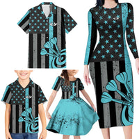 Custom Turquoise US Patriotic Darts Family Matching Long Sleeve Bodycon Dress and Hawaiian Shirt Blue American Flag Pattern - Grunge Paint Splatter - Wonder Print Shop