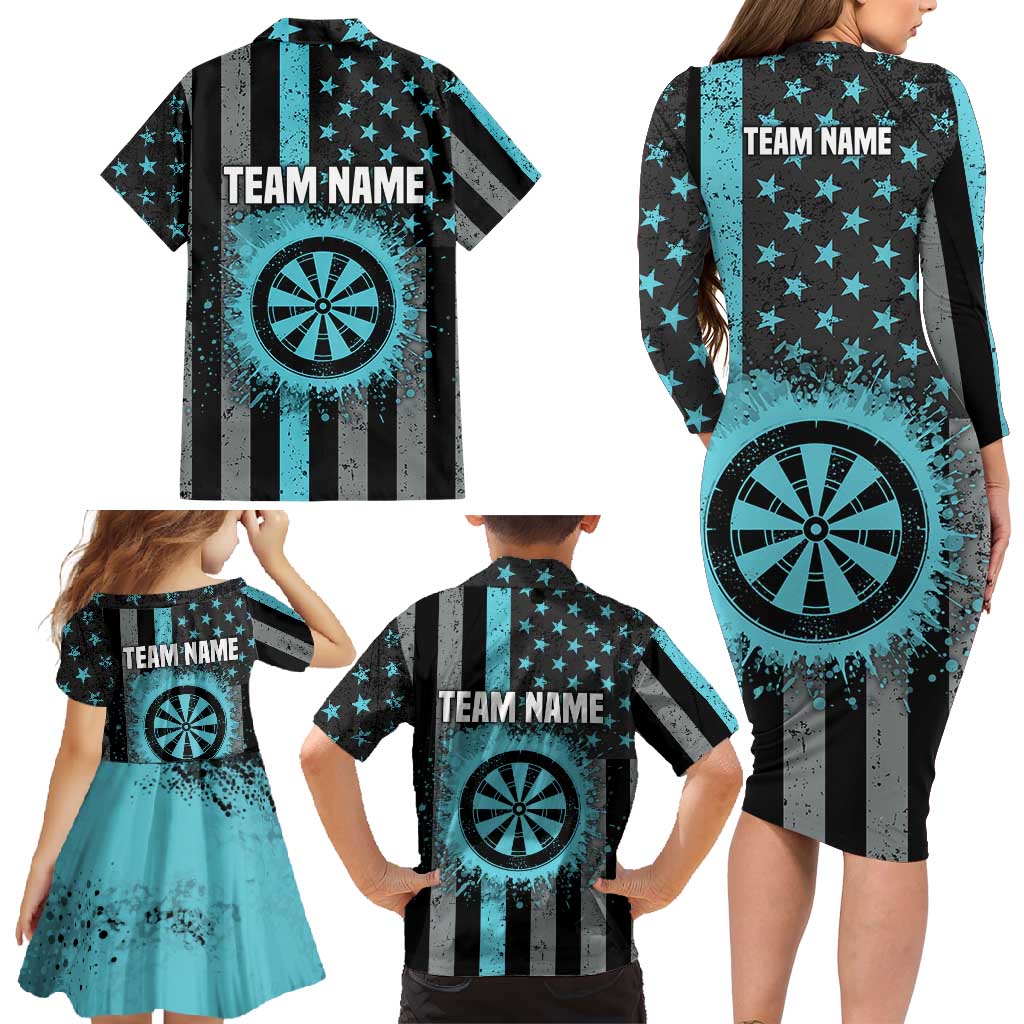 Custom Turquoise US Patriotic Darts Family Matching Long Sleeve Bodycon Dress and Hawaiian Shirt Blue American Flag Pattern - Grunge Paint Splatter - Wonder Print Shop