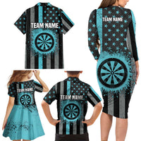 Custom Turquoise US Patriotic Darts Family Matching Long Sleeve Bodycon Dress and Hawaiian Shirt Blue American Flag Pattern - Grunge Paint Splatter - Wonder Print Shop