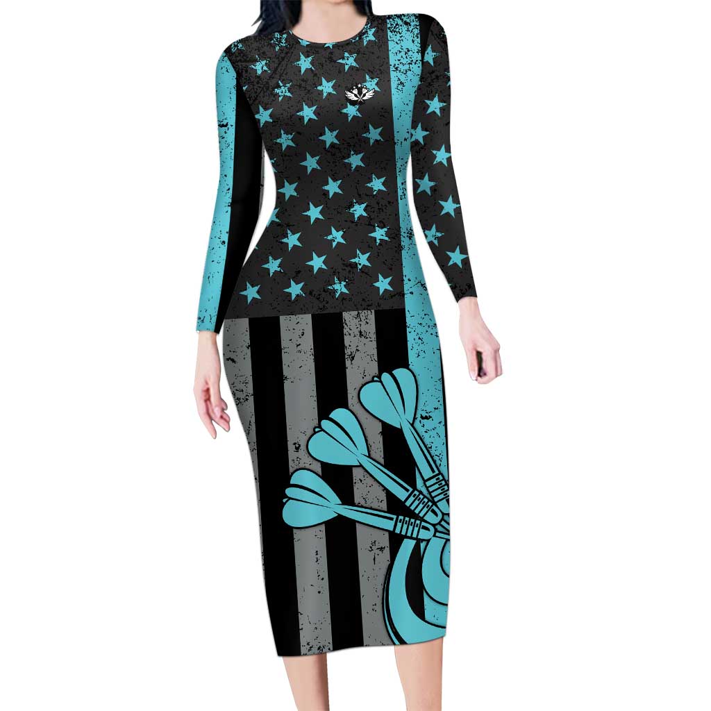 Custom Turquoise US Patriotic Darts Family Matching Long Sleeve Bodycon Dress and Hawaiian Shirt Blue American Flag Pattern - Grunge Paint Splatter - Wonder Print Shop