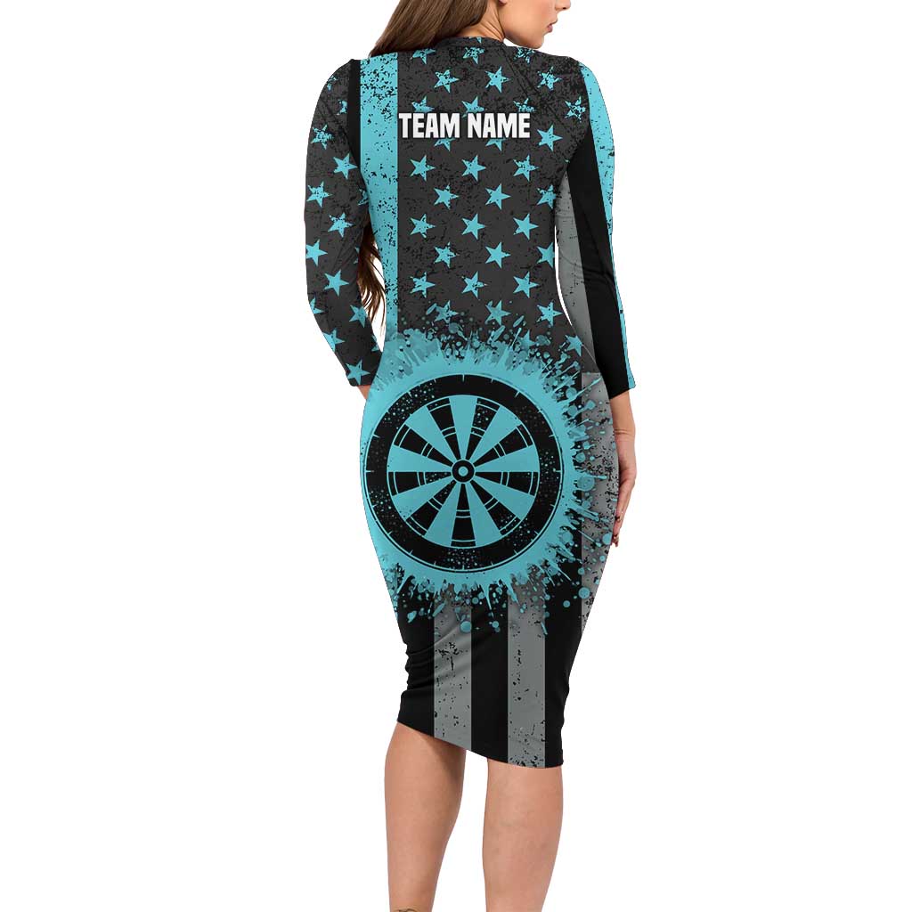 Custom Turquoise US Patriotic Darts Family Matching Long Sleeve Bodycon Dress and Hawaiian Shirt Blue American Flag Pattern - Grunge Paint Splatter - Wonder Print Shop