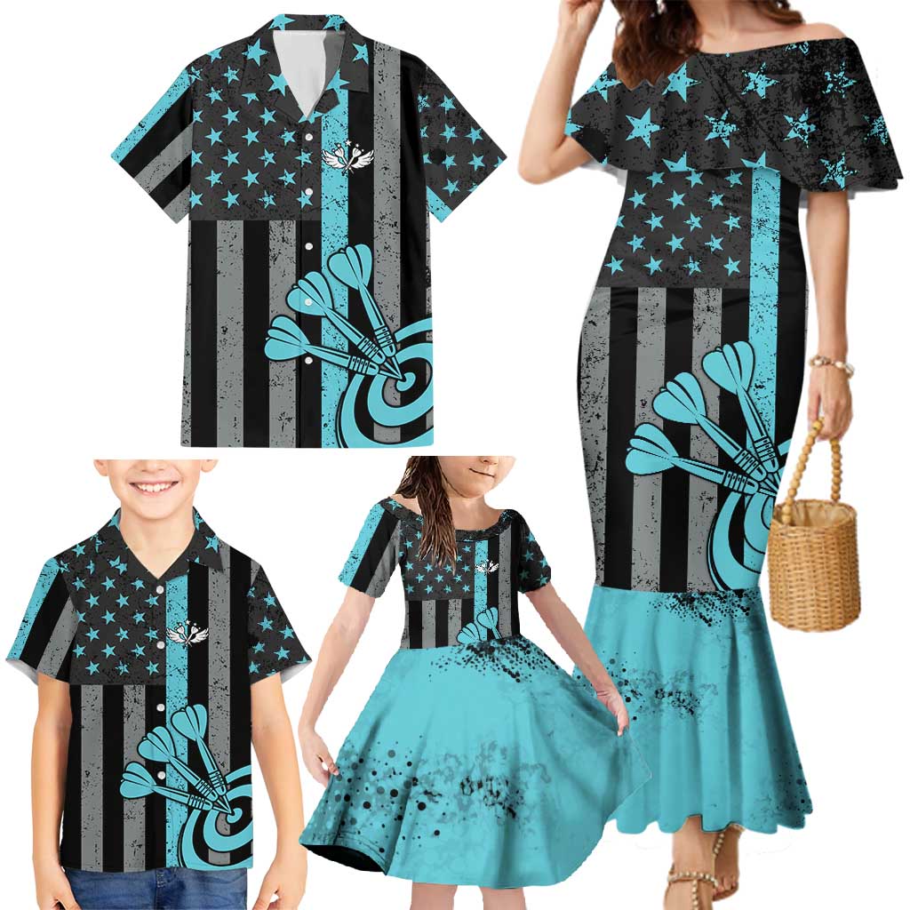 Custom Turquoise US Patriotic Darts Family Matching Mermaid Dress and Hawaiian Shirt Blue American Flag Pattern - Grunge Paint Splatter - Wonder Print Shop