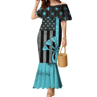 Custom Turquoise US Patriotic Darts Family Matching Mermaid Dress and Hawaiian Shirt Blue American Flag Pattern - Grunge Paint Splatter - Wonder Print Shop