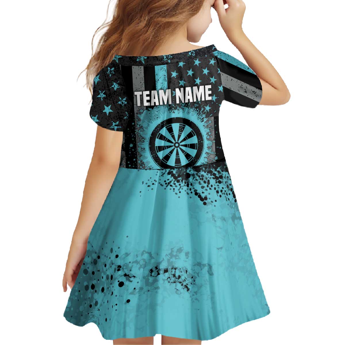 Custom Turquoise US Patriotic Darts Family Matching Off The Shoulder Long Sleeve Dress and Hawaiian Shirt Blue American Flag Pattern - Grunge Paint Splatter - Wonder Print Shop