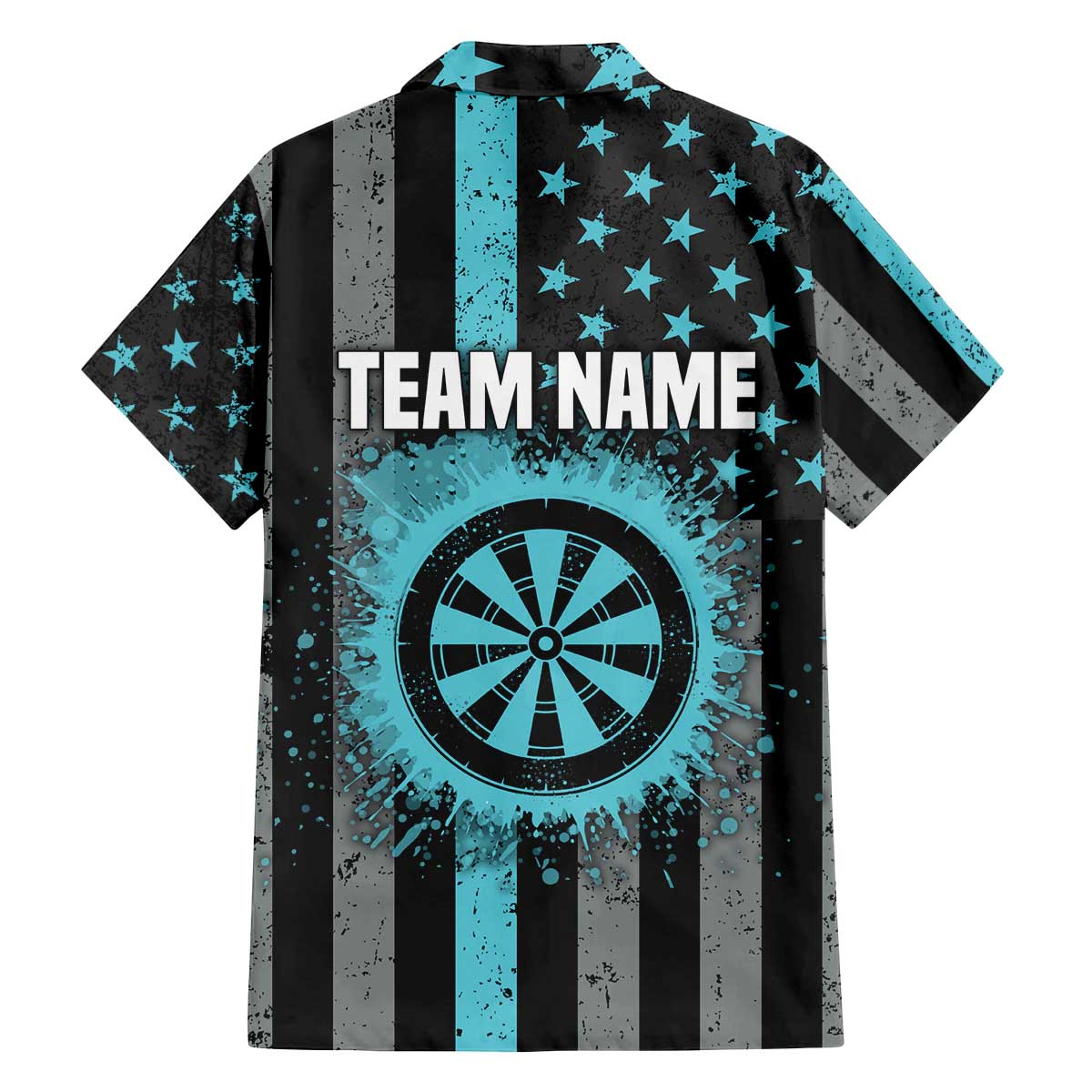 Custom Turquoise US Patriotic Darts Family Matching Off The Shoulder Long Sleeve Dress and Hawaiian Shirt Blue American Flag Pattern - Grunge Paint Splatter - Wonder Print Shop