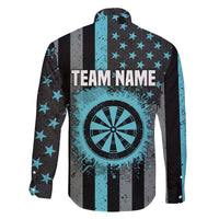 Custom Turquoise US Patriotic Darts Family Matching Off The Shoulder Long Sleeve Dress and Hawaiian Shirt Blue American Flag Pattern - Grunge Paint Splatter - Wonder Print Shop