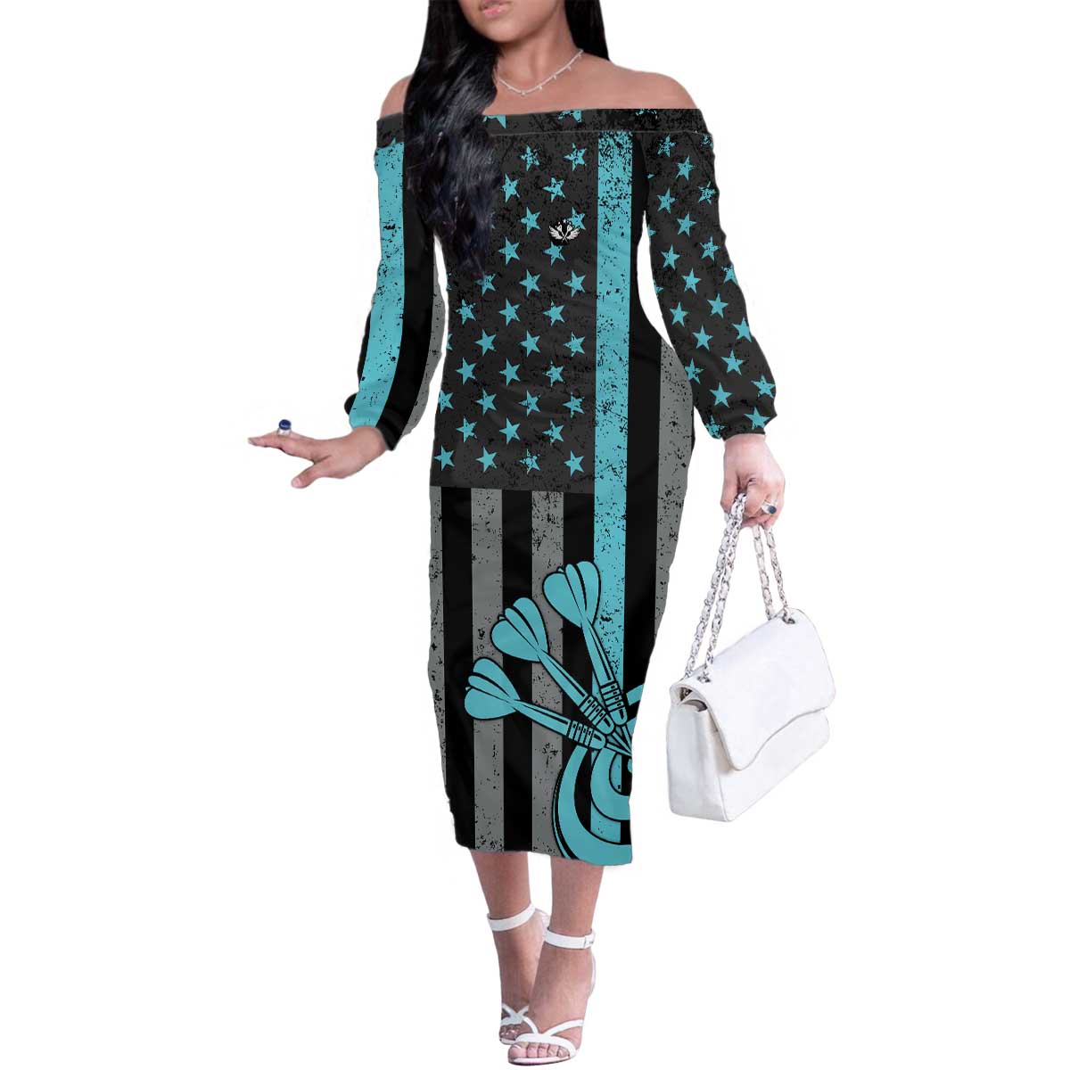 Custom Turquoise US Patriotic Darts Family Matching Off The Shoulder Long Sleeve Dress and Hawaiian Shirt Blue American Flag Pattern - Grunge Paint Splatter - Wonder Print Shop