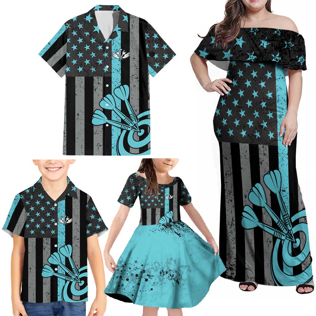 Custom Turquoise US Patriotic Darts Family Matching Off Shoulder Maxi Dress and Hawaiian Shirt Blue American Flag Pattern - Grunge Paint Splatter - Wonder Print Shop