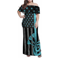 Custom Turquoise US Patriotic Darts Family Matching Off Shoulder Maxi Dress and Hawaiian Shirt Blue American Flag Pattern - Grunge Paint Splatter - Wonder Print Shop