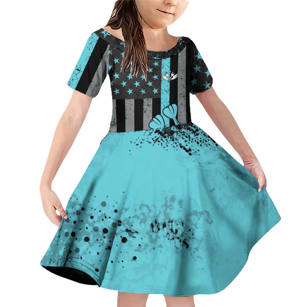 Custom Turquoise US Patriotic Darts Family Matching Off Shoulder Short Dress and Hawaiian Shirt Blue American Flag Pattern - Grunge Paint Splatter - Wonder Print Shop
