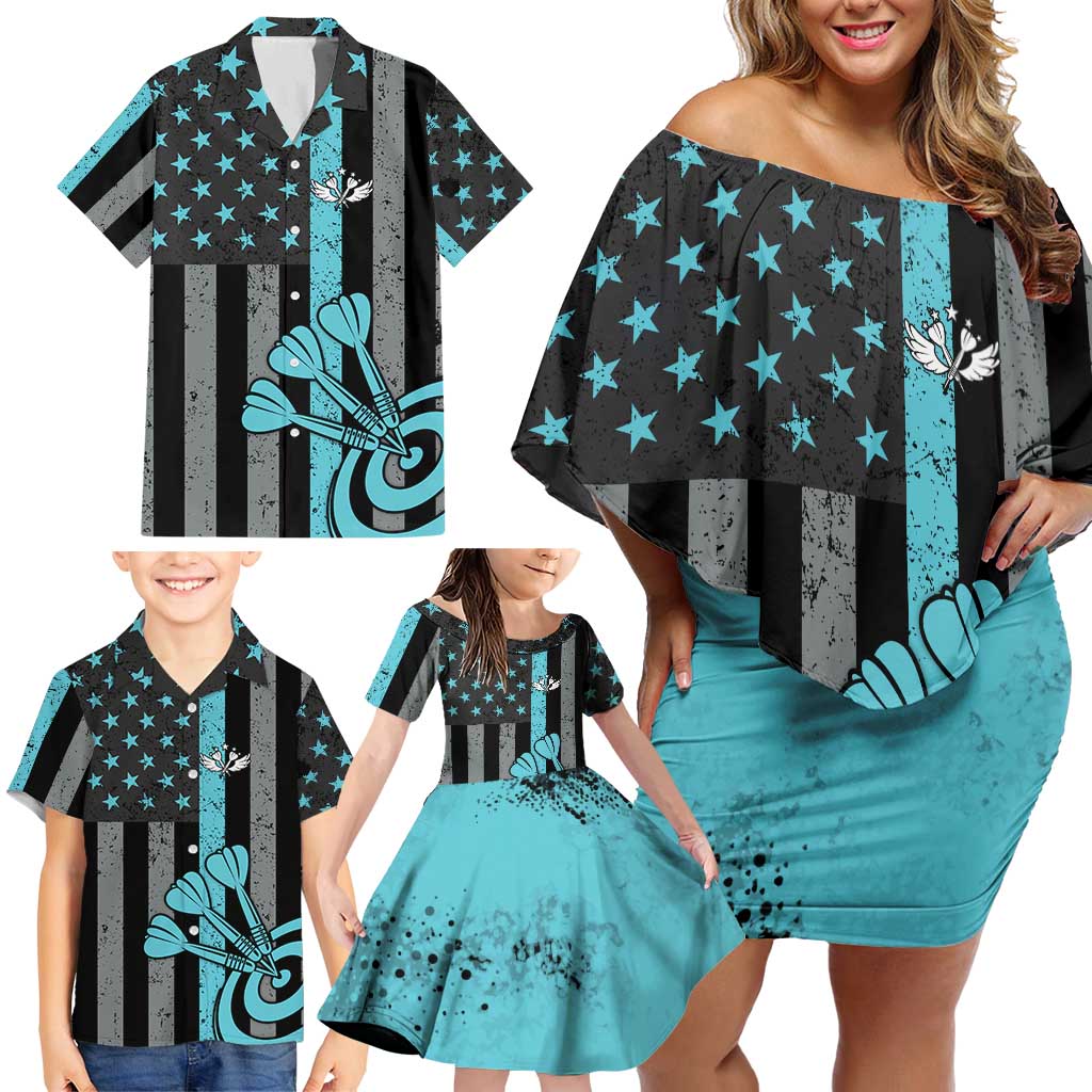 Custom Turquoise US Patriotic Darts Family Matching Off Shoulder Short Dress and Hawaiian Shirt Blue American Flag Pattern - Grunge Paint Splatter - Wonder Print Shop