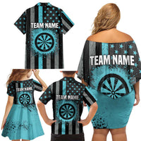 Custom Turquoise US Patriotic Darts Family Matching Off Shoulder Short Dress and Hawaiian Shirt Blue American Flag Pattern - Grunge Paint Splatter - Wonder Print Shop