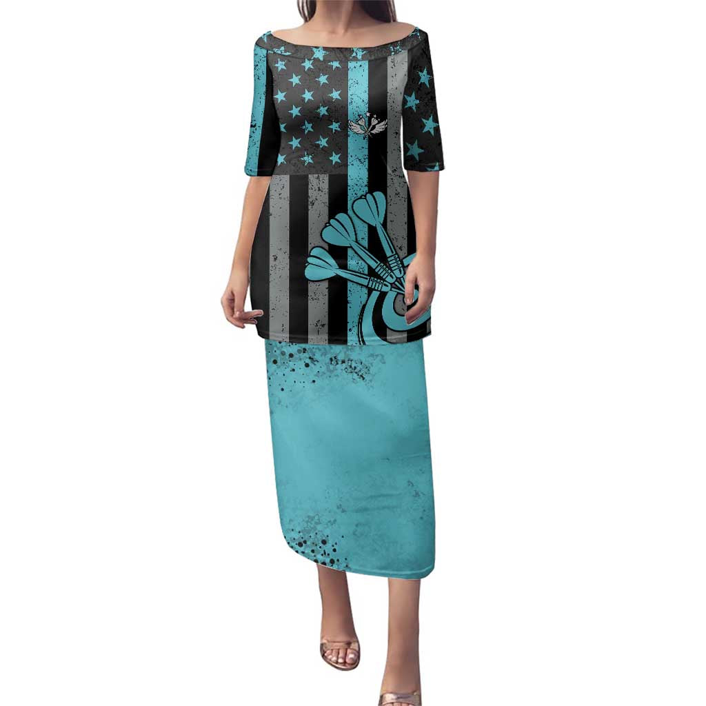 Custom Turquoise US Patriotic Darts Family Matching Puletasi and Hawaiian Shirt Blue American Flag Pattern - Grunge Paint Splatter - Wonder Print Shop