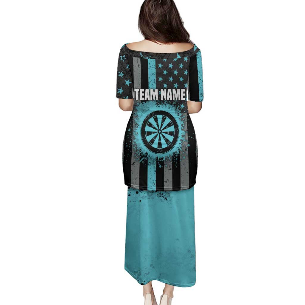 Custom Turquoise US Patriotic Darts Family Matching Puletasi and Hawaiian Shirt Blue American Flag Pattern - Grunge Paint Splatter - Wonder Print Shop