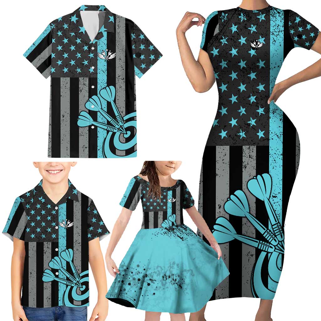 Custom Turquoise US Patriotic Darts Family Matching Short Sleeve Bodycon Dress and Hawaiian Shirt Blue American Flag Pattern - Grunge Paint Splatter - Wonder Print Shop